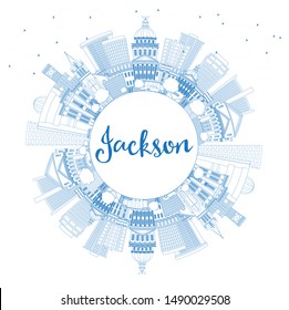 Outline Jackson Mississippi City Skyline with Blue Buildings and Copy Space. Vector Illustration. Tourism Concept with Historic Architecture. Jackson USA Cityscape with Landmarks.