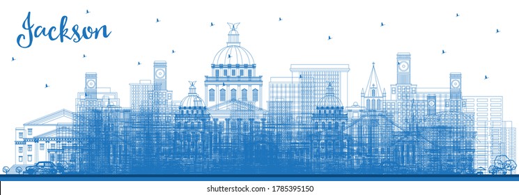 Esbozo del Skyline de la ciudad de Jackson Mississippi con edificios azules. Ilustración vectorial. Concepto de viajes de negocios y turismo con arquitectura histórica. El paisaje urbano de Jackson USA con monumentos.