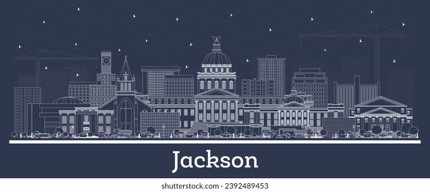 Outline Jackson Mississippi city skyline with white buildings. Vector illustration. Business travel and tourism concept with historic architecture. Jackson USA cityscape with landmarks.