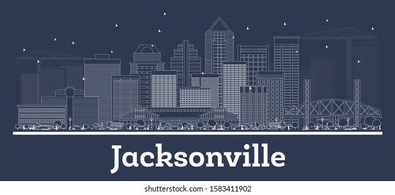 Outline Jacksonville Florida City Skyline with White Buildings. Vector Illustration. Business Travel and Concept with Historic Architecture. Jacksonville Cityscape with Landmarks. 