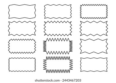 Outline of a jagged rectangle. A set of rectangular borders with a uneven zigzag edge. Black color. Design elements for text box, button, icon, tag, banner, sticker. Vector illustration.