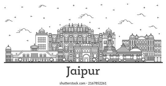 Outline Jaipur India City Skyline with Historic Buildings Isolated on White. Vector Illustration. Jaipur Cityscape with Landmarks.