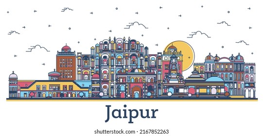 Outline Jaipur India City Skyline with Colored Historic Buildings Isolated on White. Vector Illustration. Jaipur Cityscape with Landmarks.