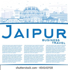 Outline Jaipur Skyline with Blue Landmarks and Copy Space. Vector Illustration. Business Travel and Tourism Concept with Historic Buildings. Image for Presentation Banner Placard and Web Site.