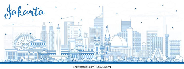 Outline Jakarta Indonesia City Skyline with Blue Buildings. Vector Illustration. Business Travel and Tourism Concept with Historic and Modern Architecture. Jakarta Cityscape with Landmarks.