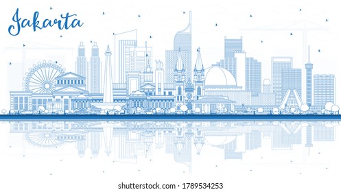 Esbozo de Yakarta Indonesia City Skyline con edificios azules y reflexiones. Ilustración vectorial. Concepto de viajes de negocios y turismo con arquitectura histórica y moderna. El paisaje urbano de Jakarta.