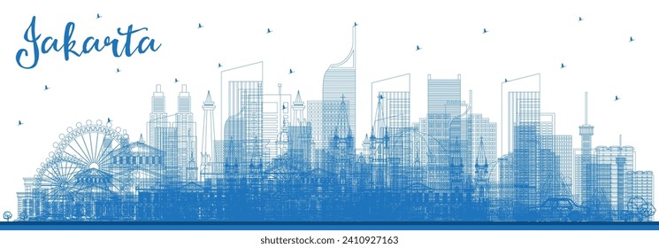 Outline Jakarta Indonesia City Skyline with Blue Buildings. Vector Illustration. Business Travel and Tourism Concept with Historic and Modern Architecture. Jakarta Cityscape with Landmarks.