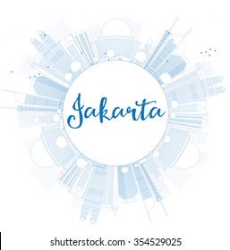 Outline Jakarta skyline with blue landmarks and copy space. Vector illustration. Business travel and tourism concept with place for text. Image for presentation, banner, placard and web site.