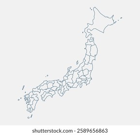 Outline Japan map isolated on white background. Japan map. Japan map outline template. Editable Japan map outline with prefecture divisions. Vector illustration