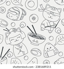Outline Japanese seamless pattern in kawaii style for kids with cats and sushi on a light background. Flat Vector Illustration EPS10