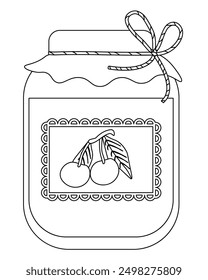 Outline jar of cherry jam, creative coloring page vector illustration for kids activity