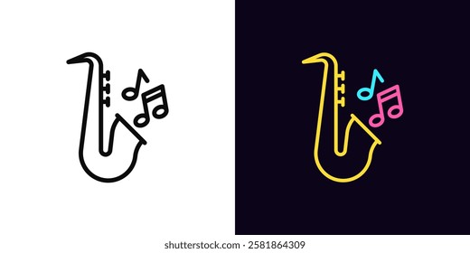 Outline jazz music icon, with editable stroke. Golden saxophone with musical notes. Jazz retro party, live classical music, musical festival and jazz show, sax melody play, music concert. Vector icon