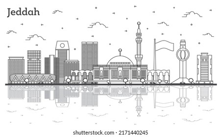Outline Jeddah Saudi Arabia City Skyline with Modern Buildings and Reflections Isolated on White. Vector Illustration. Jeddah Cityscape with Landmarks. - Shutterstock ID 2171440245