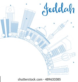 Outline Jeddah Skyline with Blue Buildings and Copy Space. Vector Illustration. Business Travel and Tourism Concept with Modern Buildings. Image for Presentation Banner Placard and Web Site.