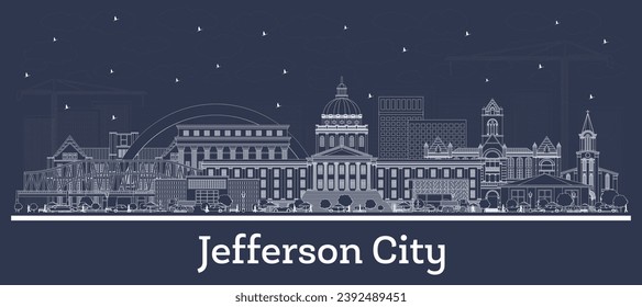 Outline Jefferson City Missouri city skyline with white buildings. Vector illustration. Business travel and tourism concept with historic architecture. Jefferson City USA cityscape with landmarks.