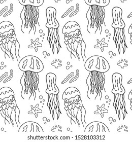 Outline jellyfish seamless pattern. Abstract coloring book element. Sea life abstraction. Medusa sketch.