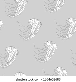 Outline jellyfish seamless vector pattern. Hand drawn sea animal. Texture, wrap, cover, fabric