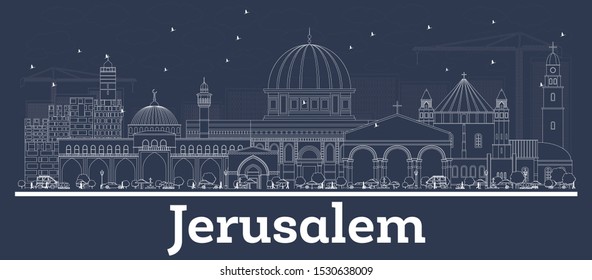 Outline Jerusalem Israel City Skyline with White Buildings. Vector Illustration. Business Travel and Concept with Historic Architecture. Jerusalem Cityscape with Landmarks.