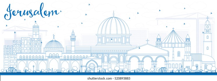 Contorno al Skyline de Jerusalén con edificios azules. Ilustración vectorial. Concepto de viajes de negocios y turismo con arquitectura histórica. Imagen de Placard para pancarta de presentación y sitio web