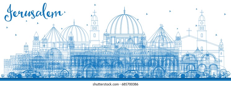 Outline Jerusalem Skyline with Blue Buildings. Vector Illustration. Business Travel and Tourism Concept with Historic Architecture. Image for Presentation Banner Placard and Web Site