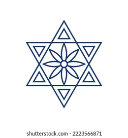 Outline Jewish star with a flower in the center and triangles on the edges, vector illustration with editable stroke