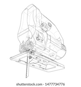 Outline Jig saw. Vector image rendered from 3d model in sketch style or drawing. Blue background