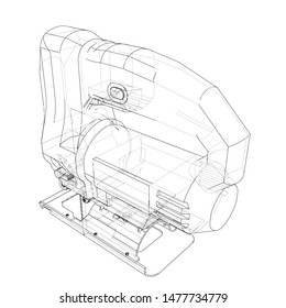 Outline Jig saw. Vector image rendered from 3d model in sketch style or drawing. Blue background