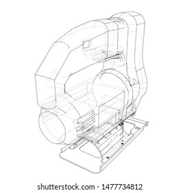 Outline Jig saw. Vector image rendered from 3d model in sketch style or drawing. Blue background