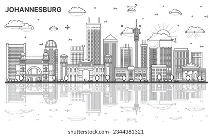 Outline Johannesburg South Africa City Skyline with Modern Buildings and Reflections Isolated on White. Vector Illustration. Johannesburg Cityscape with Landmarks.