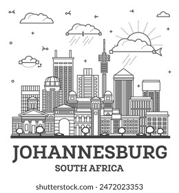 Outline Johannesburg South Africa City Skyline with Modern and Historic Buildings Isolated on White. Vector Illustration. Johannesburg Cityscape with Landmarks.