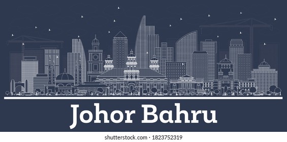Outline Johor Bahru Malaysia City Skyline with White Buildings. Vector Illustration. Business Travel and Concept with Historic Architecture. Cityscape with Landmarks.