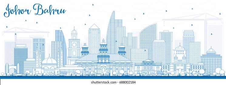 Outline Johor Bahru Malaysia Skyline With Blue Buildings. Business Travel And Tourism Vector Illustration With Modern Architecture. Image For Presentation Banner Placard And Web Site.