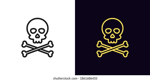 Outline jolly roger icon with editable stroke. Linear skull with crossbones, skeleton head. Pirate flag, corsair skull, danger, poison. Vector icon, sign, symbol for UI and Animation