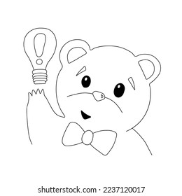 Outline of joyful teddy bear with a bow holding a light bulb with an exclamation mark symbol on its paw. Emotion expression concept. Watercolor hand drawn illustration on a white background