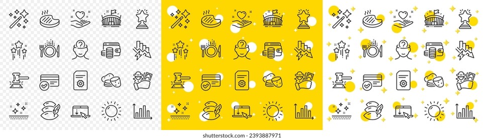 Outline Judge hammer, Sunny weather and Grilled steak line icons pack for web with Food, Payment methods, Hold heart line icon. Stars, Diagram graph, Psychology pictogram icon. Pillow. Vector