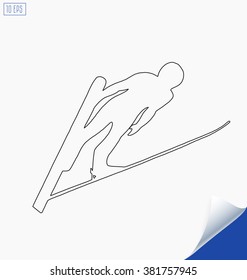 Outline jumping skier silhouette on white background. Winter Sport.
