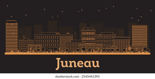 Outline Juneau Alaska City Skyline with orange Buildings. Vector Illustration. Business Travel and Concept with Modern Architecture. Juneau Cityscape with Landmarks