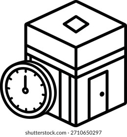 Icono de kaaba de contorno con reloj, ideal para App que muestran tiempos de oración musulmanes y dirección de qibla. Simboliza la peregrinación a la meca y los horarios de culto islámico.