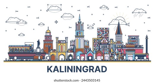 Outline Kaliningrad Russia city skyline with colored modern and historic buildings isolated on white. Vector illustration. Kaliningrad cityscape with landmarks.