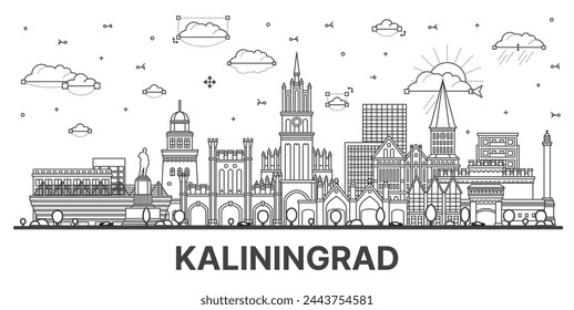 Outline Kaliningrad Russia city skyline with modern and historic buildings isolated on white. Vector illustration. Kaliningrad cityscape with landmarks.