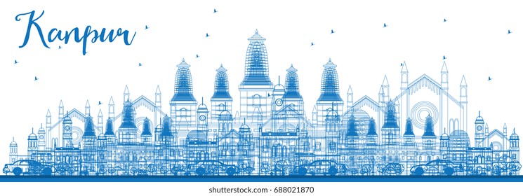Outline Kanpur Skyline with Blue Buildings. Business Travel and Tourism Vector Illustration with Historic Architecture. Image for Presentation Banner Placard and Web Site