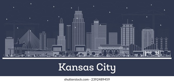 Outline Kansas City Missouri city skyline with white buildings. Vector illustration. Business travel and tourism concept with historic architecture. Kansas City USA cityscape with landmarks.