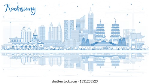 Outline Kaohsiung Taiwan City Skyline with Blue Buildings and Reflections. Vector Illustration. Travel and Tourism Concept with Historic Architecture. Kaohsiung China Cityscape with Landmarks.