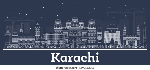 Outline Karachi Pakistan City Skyline with White Buildings. Vector Illustration. Business Travel and Concept with Historic Architecture. Karachi Cityscape with Landmarks. 