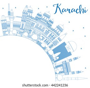 Outline Karachi Skyline with Blue Landmarks and Copy Space. Vector Illustration. Business Travel and Tourism Concept with Historic Buildings. Image for Presentation Banner Placard and Web Site.