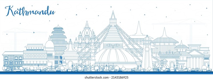 Outline Kathmandu Nepal City Skyline with Blue Buildings. Vector Illustration. Kathmandu Cityscape with Landmarks. Business Travel and Tourism Concept with Historic Architecture.