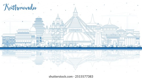 Esboza el horizonte de la ciudad de Katmandú, Nepal, con edificios azules y reflejos. Ilustración vectorial. Paisaje urbano de Katmandú con Lugares famosos. Concepto de viajes de negocios y turismo con arquitectura histórica.