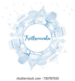 Outline Kathmandu Skyline with Blue Buildings and Copy Space. Vector Illustration. Business Travel and Tourism Concept with Historic Architecture. Image for Presentation Banner Placard and Web Site.