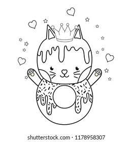 outline kawaii cat donut with hearts and sars