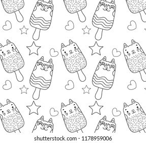 outline kawaii cats ice lollies background